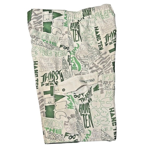 Hang Ten Board Shorts‎ Green White Graffiti Cargo Pocket Lined Sz Med - Picture 2 of 8